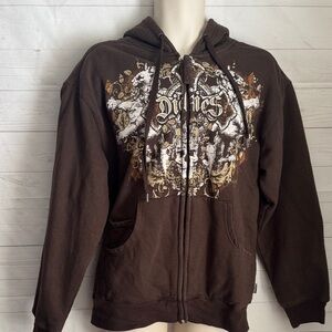 Dickies Size M Men’s Y2K Brown Faux Sherpa Lined Hoodie with Graphic Design